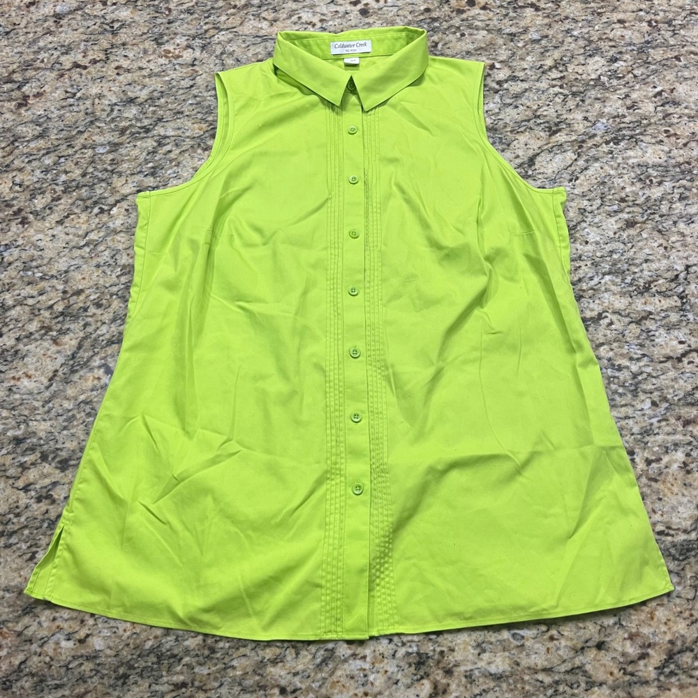 Coldwater Creek Lime Green No Iron Sleeveless Button Down Pintuck Shirt XL 16